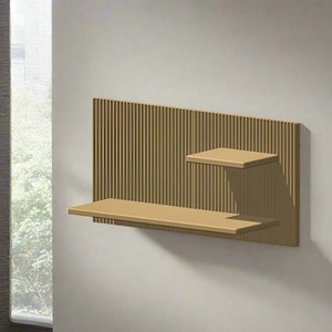 May include: A wall-mounted shelf unit with two shelves. The shelves are made of wood and have a light brown finish. The back of the shelf unit is made of vertical wooden slats.