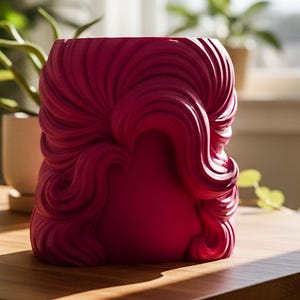 May include: A vibrant magenta cylindrical planter featuring a deeply textured, swirling wave pattern across its exterior surface. The vessel has a wide, open top and a solid base, showcasing a bold, monochromatic color and a complex, flowing design.