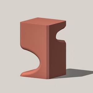 May include: A terracotta-colored, abstract, geometric, sculptural stool with a unique, asymmetrical design.
