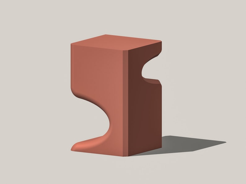 May include: A terracotta-colored, abstract, geometric, sculptural stool with a unique, asymmetrical design.