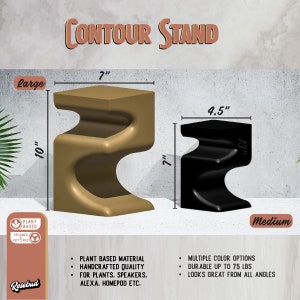 May include: Two plant-based contour stands, one large and one medium, in different colors. The large stand is 10 inches tall and 7 inches wide, while the medium stand is 13 inches tall and 4.5 inches wide. Both stands are made of a durable material and can hold up to 75 pounds. They are perfect for displaying plants, speakers, or other home decor items.