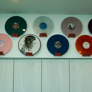 May include: A wall display of nine vinyl records, each with a different design. The records are arranged in a circular pattern, with the center record being a portrait of a woman. The records are all different colors, including red, blue, green, and white.