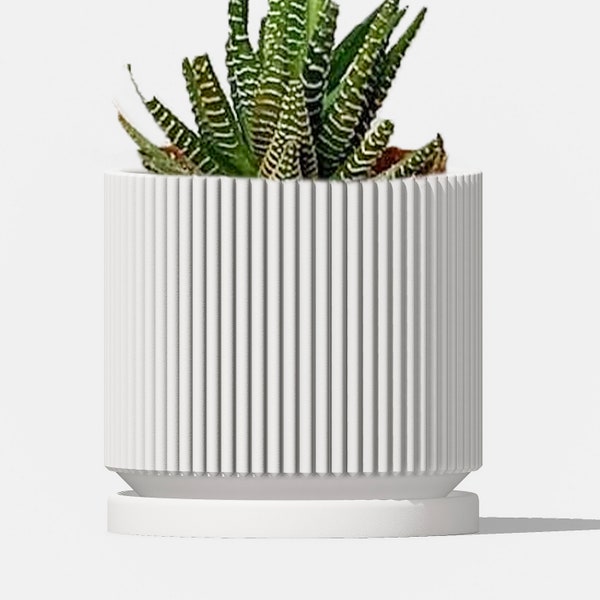The Ribbed Planter in White, Mid-Century Modern Pot with Drainage and Saucer, Funky Pots