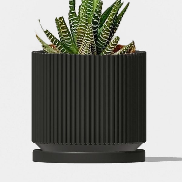 Lightweight 3D Printed Planter in Matte Black with Mid-Century Modern Design, Unique Pot with Drainage and Drip Tray, Aesthetic Decor
