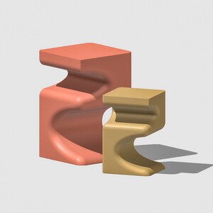 May include: Two abstract, modern, sculptural, ceramic stools. The larger stool is coral pink and the smaller stool is a light beige.