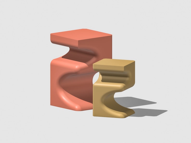 May include: Two abstract, modern, sculptural, ceramic stools. The larger stool is coral pink and the smaller stool is a light beige.