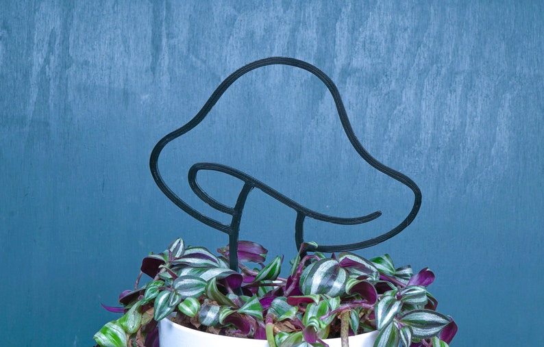 Peut inclure: Un tuteur de plante en m&eacute;tal noir en forme de champignon est plac&eacute; dans un pot de feuillage vert et violet.