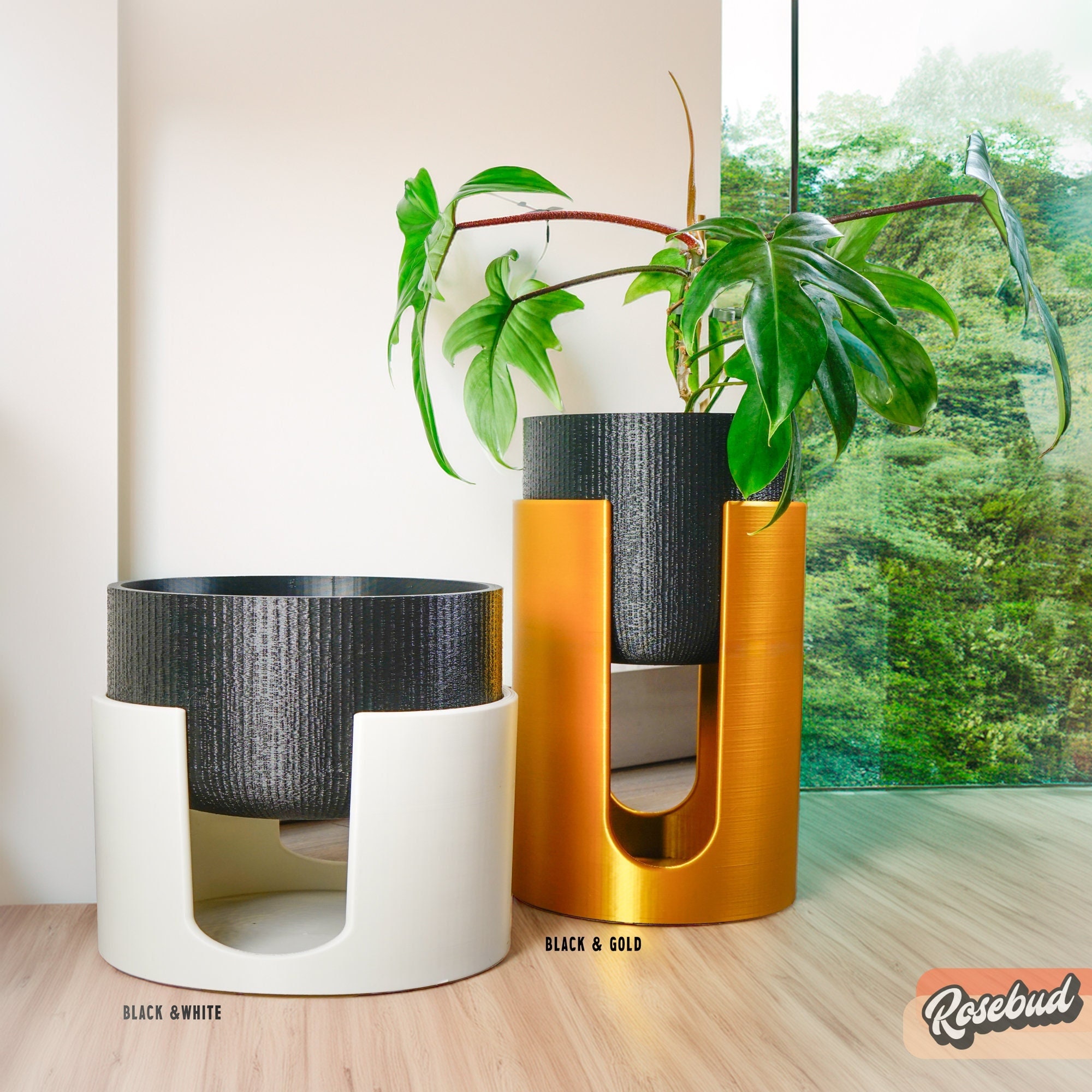 Indoor Erhöhter Blumentopf und Blumenständer Set - 2-teiliger Blumentopf mit Drainage in Schwarz, Weiß, Gold | Mid-Century Moderner Blumenständer für drinnen