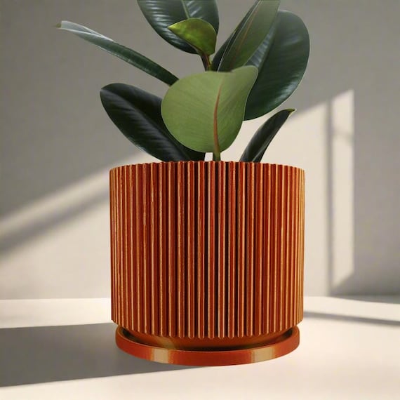 Mid-century Ribbed Planter With Drainage and Saucer in Shiny