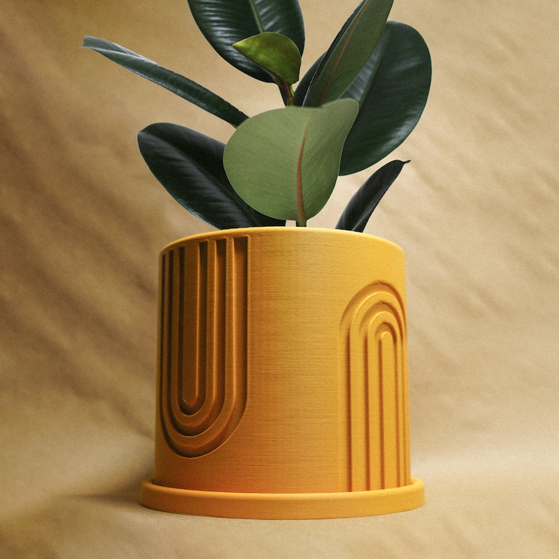 Indoor Matte Mustard Planter, 3D Printed Planter, Planter with Drainage, Unique Decor, Planter with Saucer, Nordic Rainbow Mustard