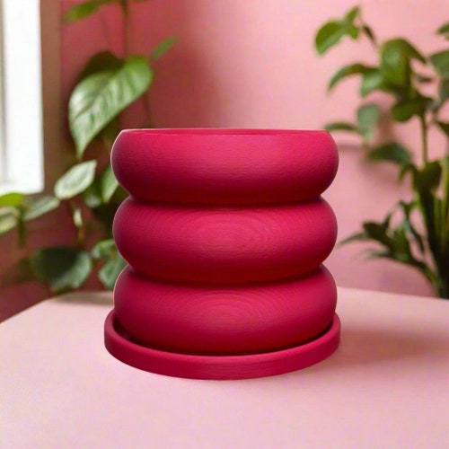 Modern Bubble Planter Pot with Drainage and Saucer, Unique Plant Pot, PINK Decor House Plant Planter, Lightweight Pink Pots