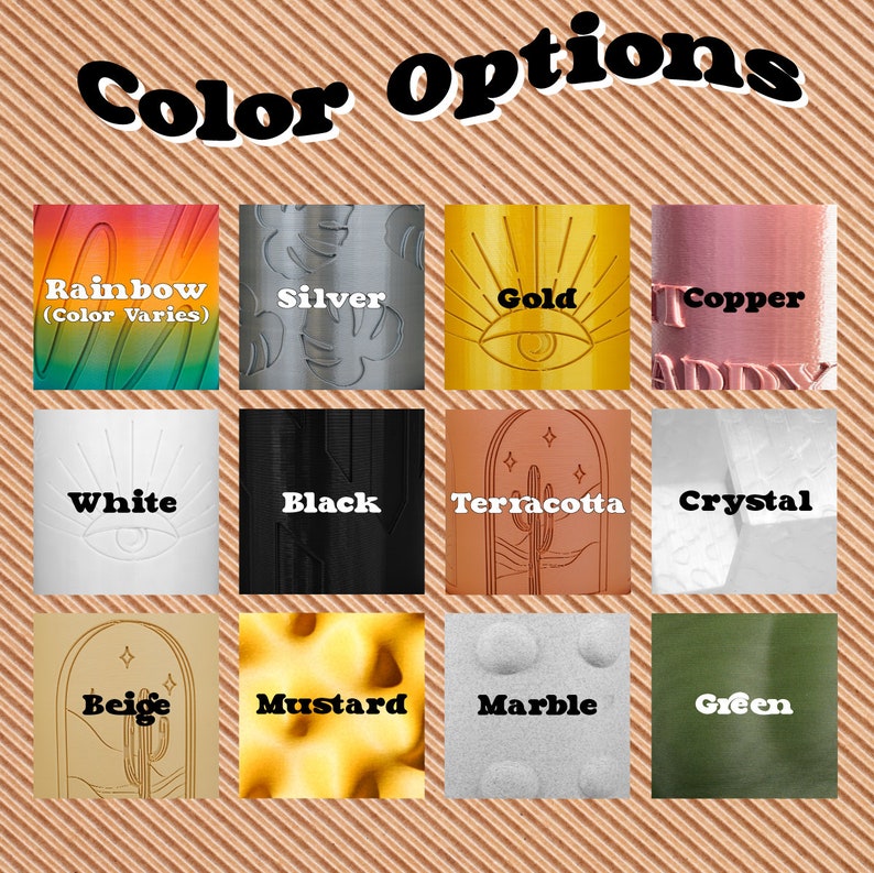 Peut inclure: Un nuancier pr&eacute;sentant 12 options de couleurs diff&eacute;rentes pour un produit. Les couleurs incluent l'arc-en-ciel, l'argent, l'or, le cuivre, le blanc, le noir, la terre cuite, le cristal, le beige, la moutarde, le marbre et le vert.