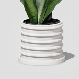 May include: White ceramic planter with a ribbed design. The planter has a wide base and a narrow top. A green plant is growing in the planter.