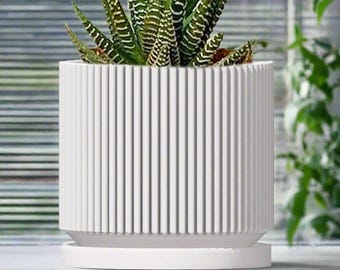 Vaso a coste bianco, vaso in stile moderno di metà secolo con foro di drenaggio e sottovaso, vasi originali