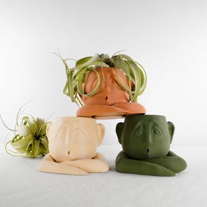 May include: Three ceramic planters shaped like faces with different expressions. The planters are in shades of brown, beige, and green. The top planter has a green air plant growing out of it.