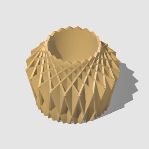 May include: A beige, geometrically patterned ceramic planter with a wide, round opening. The planter is made of a textured material and has a unique, modern design.