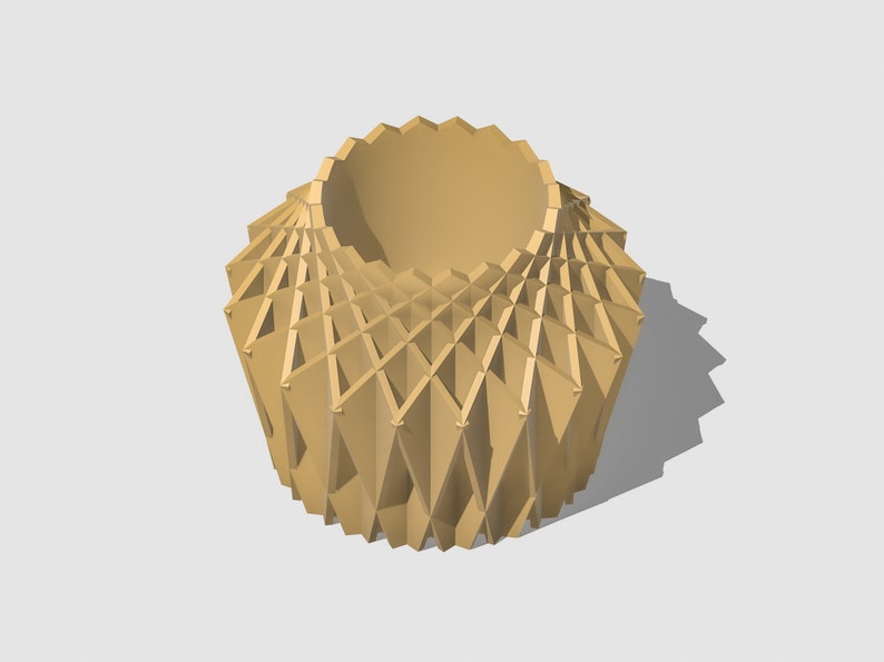 May include: A beige, geometrically patterned ceramic planter with a wide, round opening. The planter is made of a textured material and has a unique, modern design.