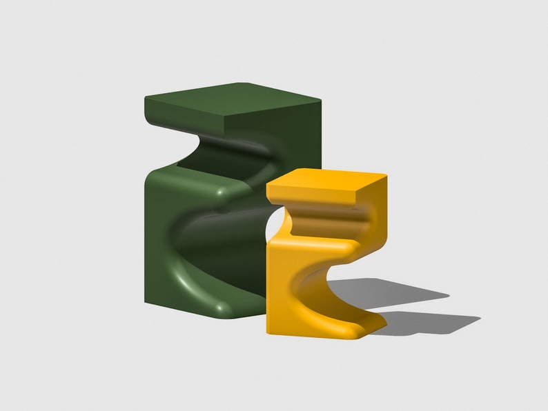 May include: Two abstract, modern, sculptural stools. The larger stool is green and the smaller stool is yellow.