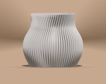 May include: White ceramic planter with a ribbed design. The planter has a rounded base and a wide opening.