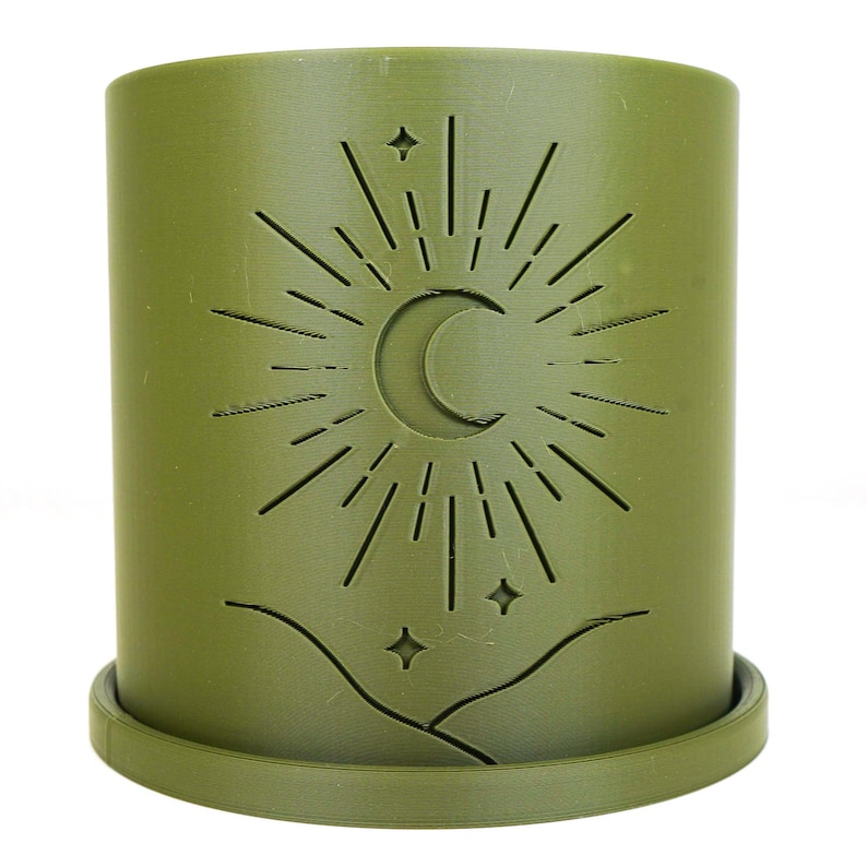 3d printed planter with half moon design in matte dark green