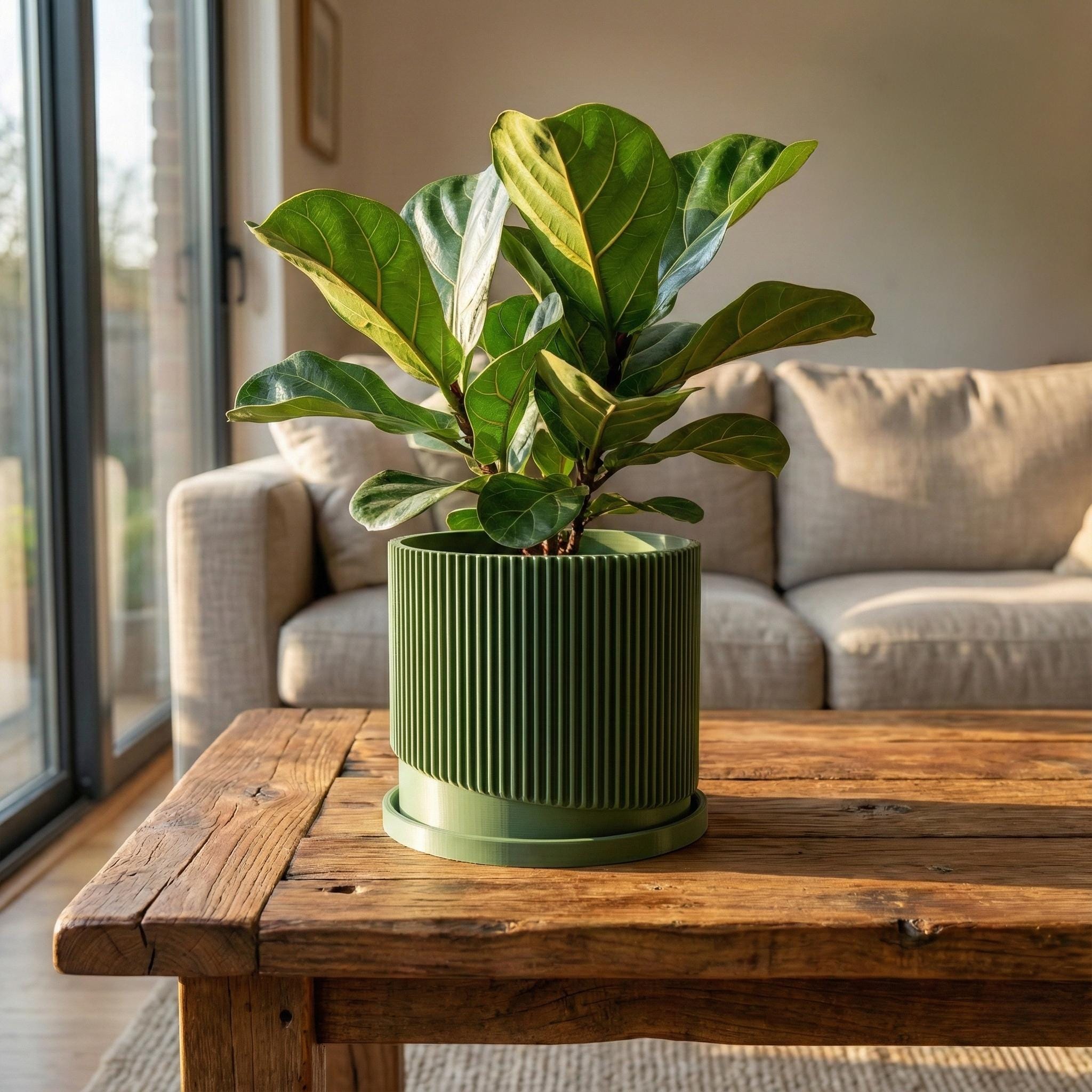 Mid-century Ribbed Plant Pot With Drainage and Saucer in Multiple ...