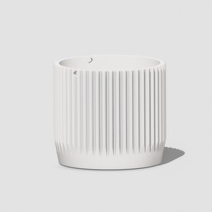 May include: White ceramic planter with a ribbed design. The planter has a rounded shape and a smooth, white finish.