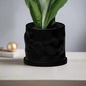 May include: A black ceramic planter with a textured, wavy surface. The planter is filled with soil and a green snake plant.