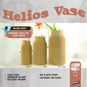 May include: Three beige ceramic vases with a ribbed design. The vases are labeled "regular", "large", and "extra large" and measure 6 inches, 8 inches, and 10 inches tall, respectively. The vases are made from plant-based materials and are recyclable.