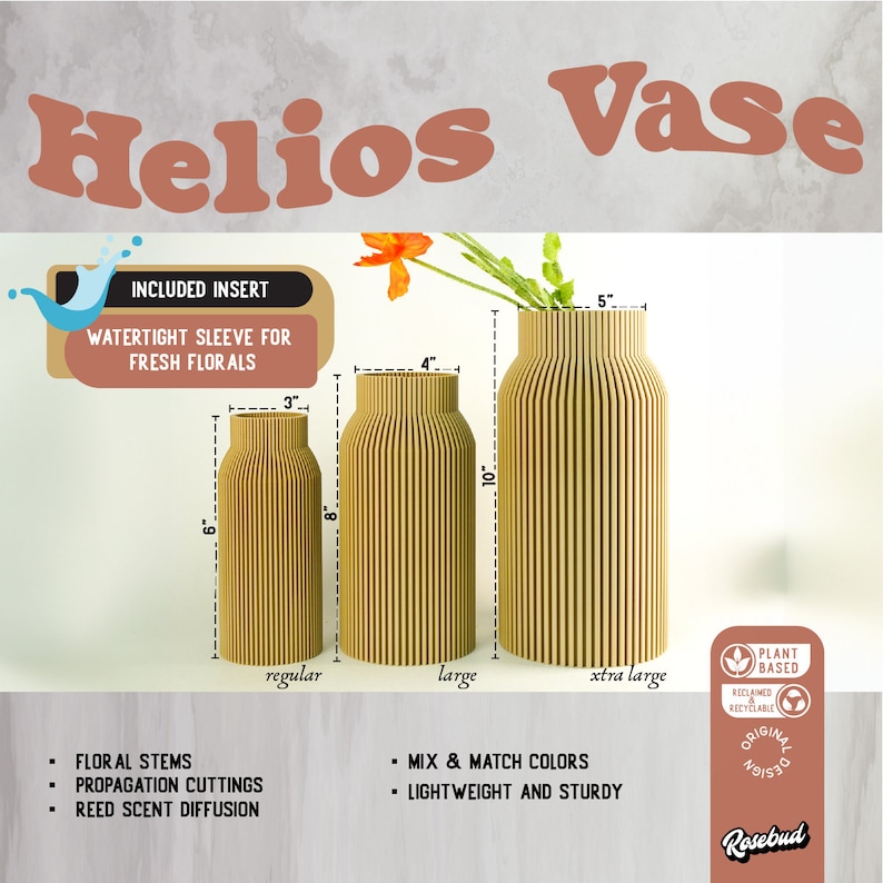 May include: Three beige ceramic vases with a ribbed design. The vases are labeled "regular", "large", and "extra large" and measure 6 inches, 8 inches, and 10 inches tall, respectively. The vases are made from plant-based materials and are recyclable.