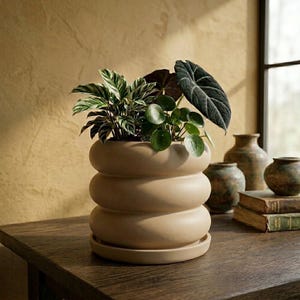 Bubble Pot, 3D Printed Planter, Ring Stacked Planter with Drainage, Minimal Decor, 4 5 6 7 8 Inch Plant Pot in Matte Beige