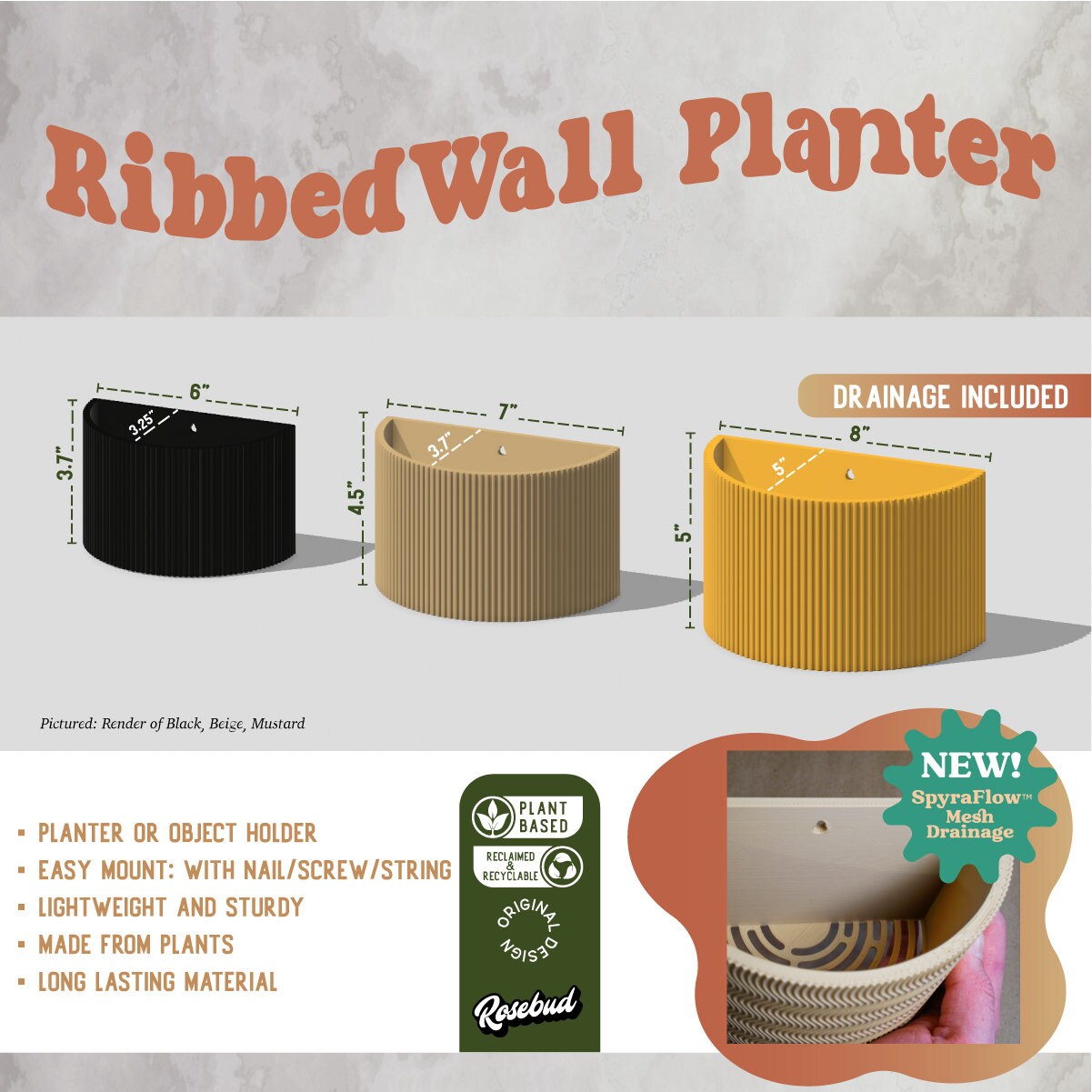 ☺︎ Ribbed Wall Planter, Indoor Hanging Planter, Unique Gift, 3D