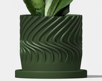 Indoor Matte Green Planter with Unique Swirl Design, 4 inch with Drainage, 6 Inch Pot with Drip Tray, 3d Printed Planters, Eco-Luxe