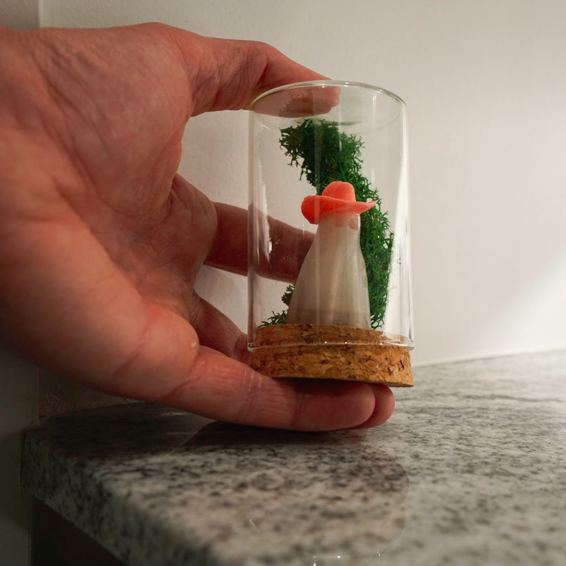 May include: A small glass jar with a cork lid contains a miniature figurine wearing a pink hat and a white dress. The figurine is standing on a bed of green moss.
