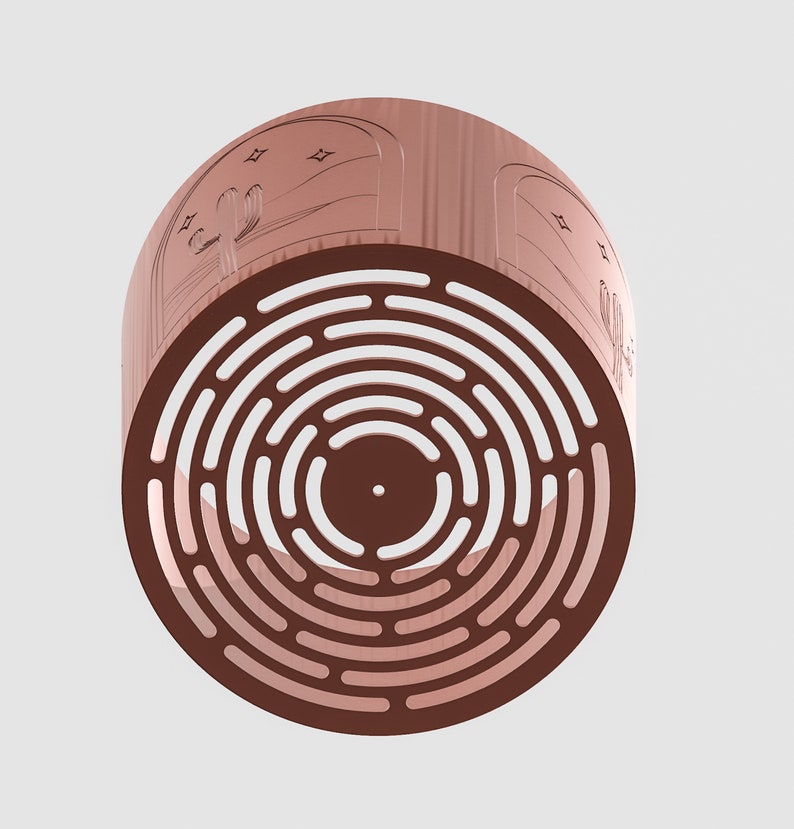 Op de afbeelding: Een bruine metalen plantenbak met een cirkelvormig uitsparingontwerp. De plantenbak heeft een decoratief ontwerp aan de bovenrand met een cactus en sterren.