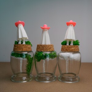 May include: Three glass jars with cork lids, each containing a small white ghost figurine wearing a pink cowboy hat and green moss.