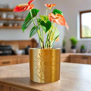 Op de afbeelding: Een gouden pot met een zon- en maandesign, met een wassende maan en stralende zonnestralen. De pot is gevuld met een groene plant met rode bloemen.