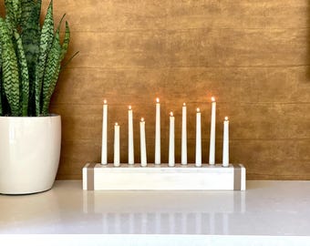 Handcrafted Wooden Taper Candle Holder with Leather Stripes: Table Centerpiece