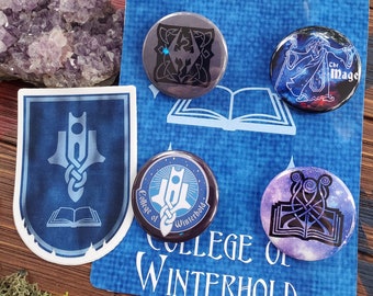 College of Winterhold Skyrim Button Pin Set and Vinyl Sticker Elder Scrolls Stocking Stuffer