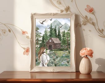 Mom & Baby Cottagecore Wandkunst, rustikale Mutterschaft Digitaldruck, Hütte im Wald druckbare Kunst