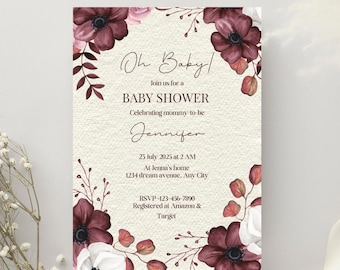 Blumen Babypartyeinladung, lila und rosa Einladungsvorlage (Digitaler Download)