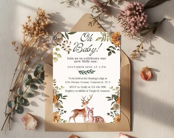 Wald-Babyparty-Einladung, rustikales Land laden Vorlage, Hirsch und Jagdeinladung ein