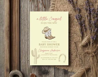 Cowgirl-Babyparty-Einladung, rosa Sahne Westernstiefel Vorlage (digitaler Download)