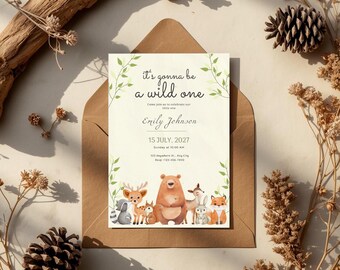 "Waldtiere Babyparty einladen, bearbeitbare Einladungsvorlage ""Es wird ein Wild sein"" einladen."