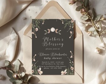 Mondphasen Babypartyeinladung, Witchy Blumenmütter, die Einladung segnen, Spirituelle Einladungsvorlage