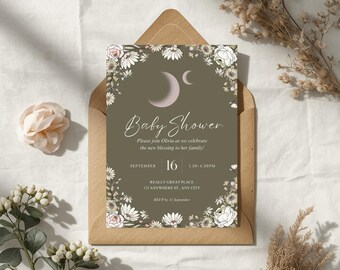 Mond und Blumen Babyparty einladen Vorlage, spirituelle Boho Einladung, Witchy Einladung