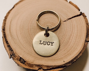 Simple Dog Tag, Circle, Customizable, Gold or Silver Hand Stamped Metal Pet ID Tag