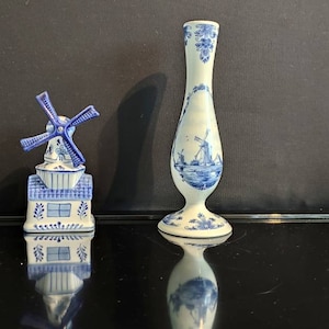 Vintage Set of a Delft Blue Windmill and Flower Vase