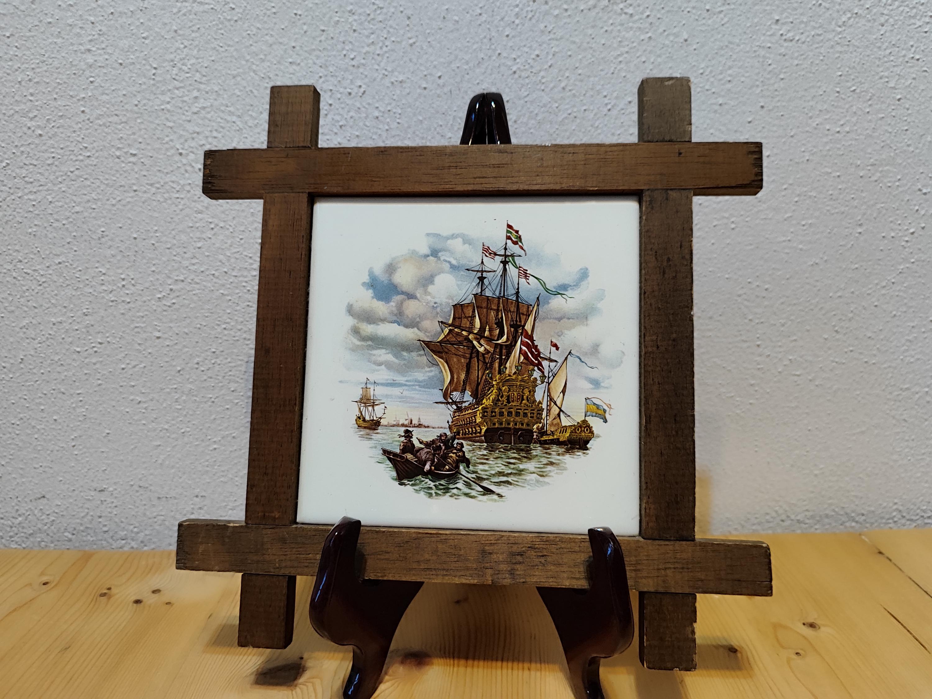 帆船を描いたヴィンテージ転写プリントタイル（木枠入り） - Etsy 日本