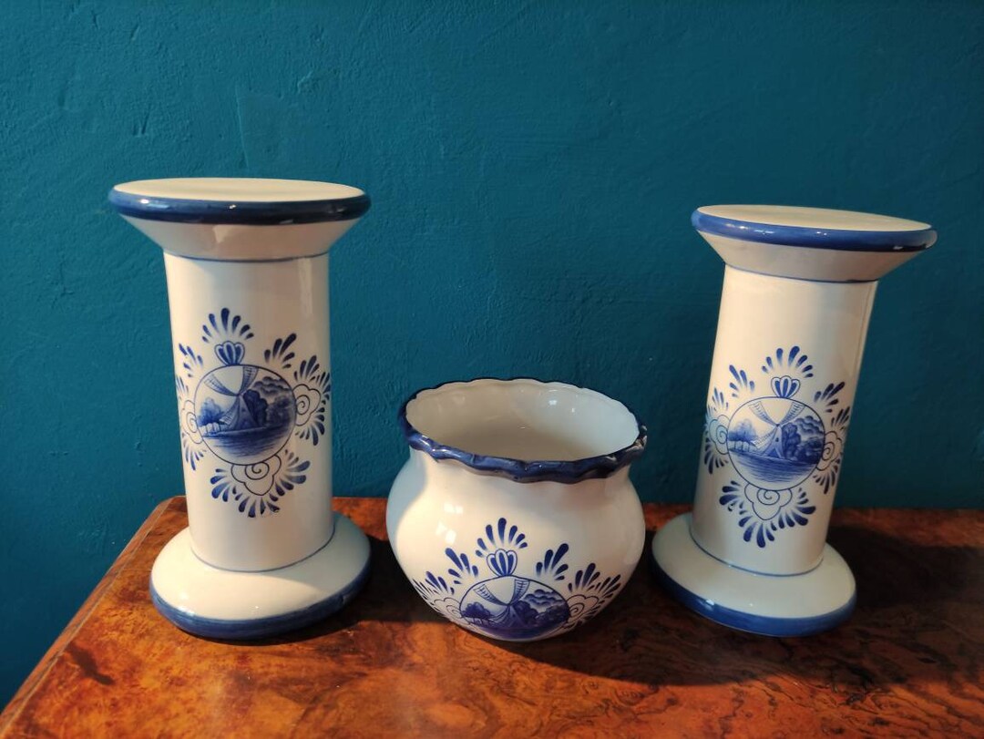 Dutch Blue and White Pillar Stands and Flower Pot - Etsy