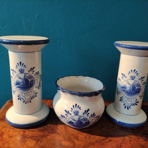Dutch Blue and White Pillar Stands and flower pot